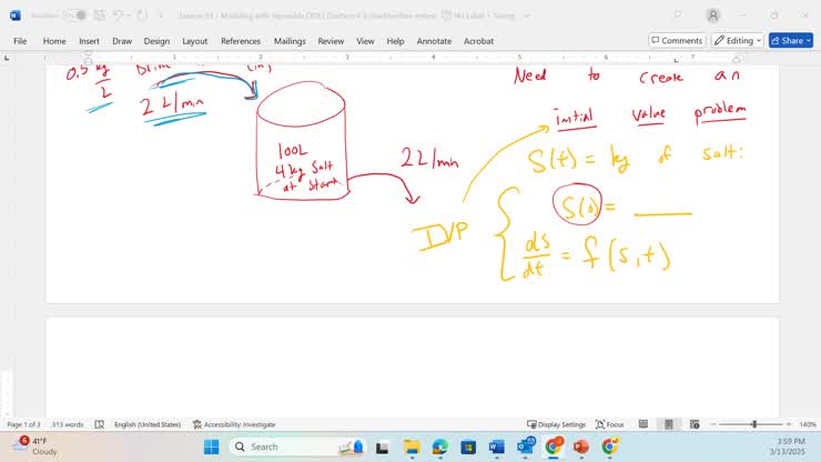 Calc 2: March 14, 2025 - Setting up mixing problem (volume of rate out)
