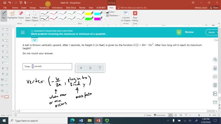 Word problem involving the maximum or minimum of a quadratic function ...