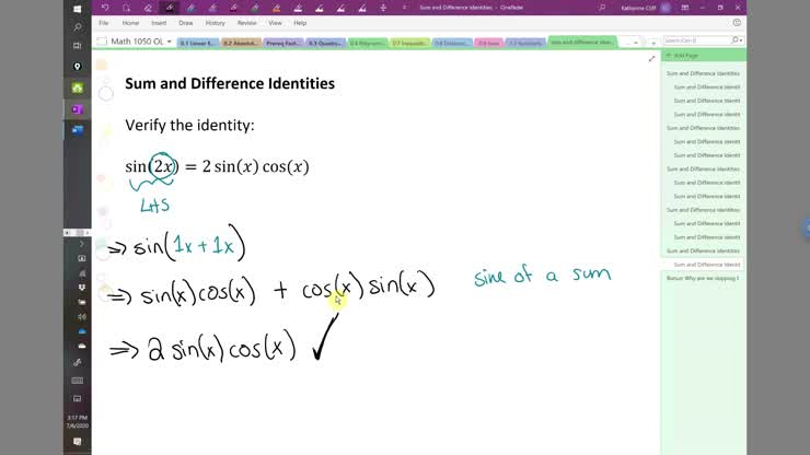 Using sum and difference identities to verify example