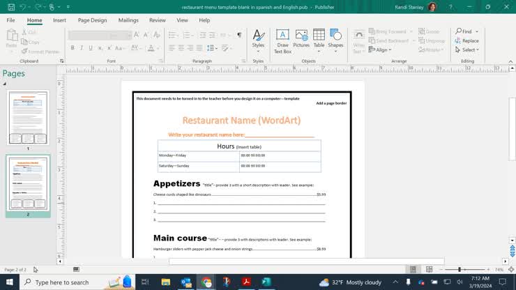Directions for the Menu assignment