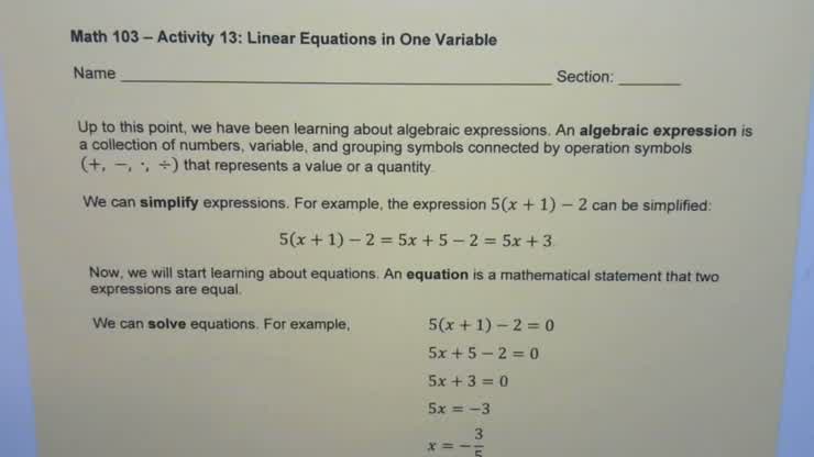 Math 103 Linear Equations in One Variable