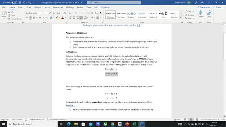 Lab 2 - Matrices and Vectors in MATLAB