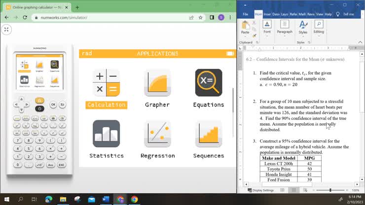 Using NumWorks to find t_c and construct t-confidence intervals for the ...